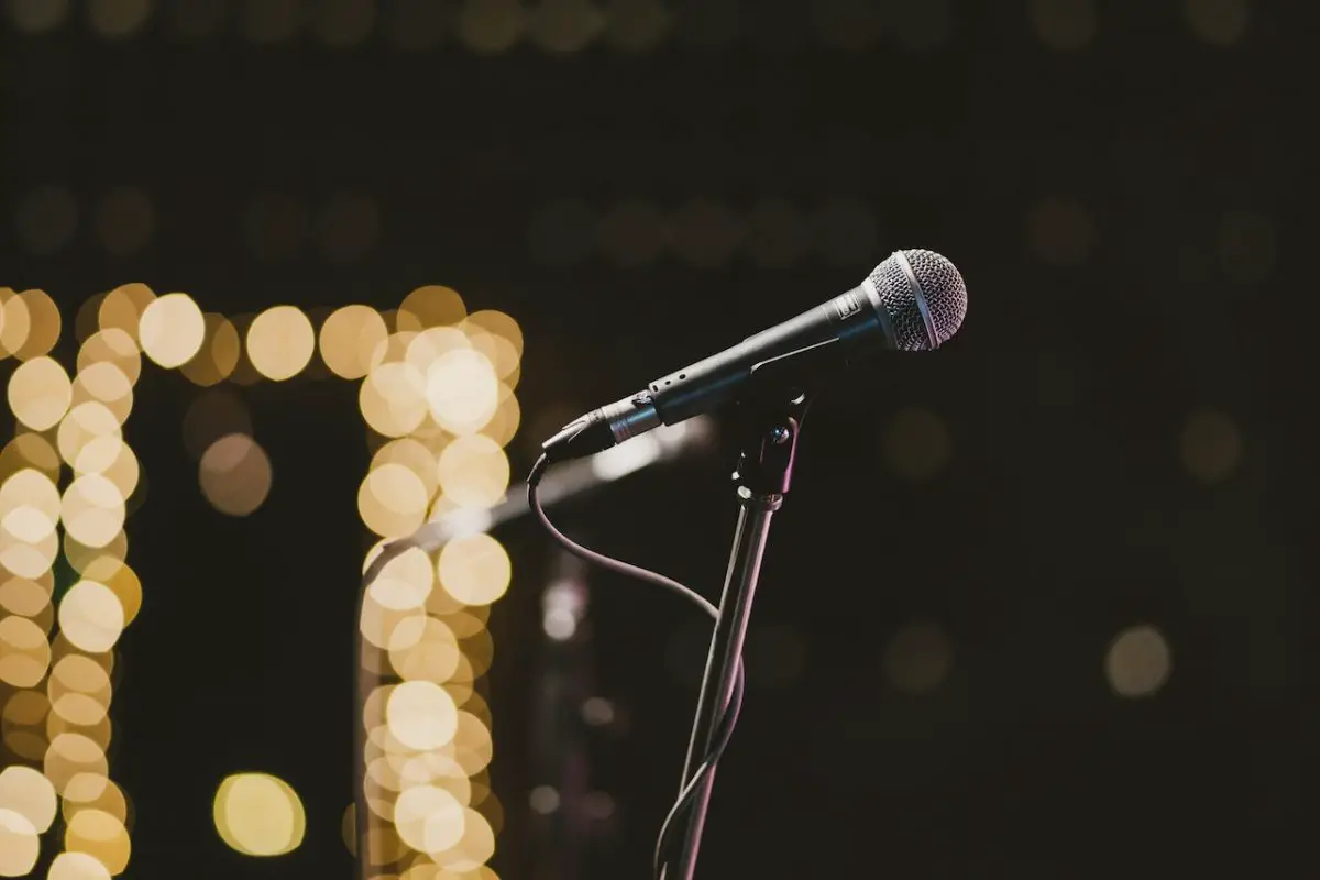 Image of a black colored microphone with a stand. Source: dome dussadeechet takul, pexels