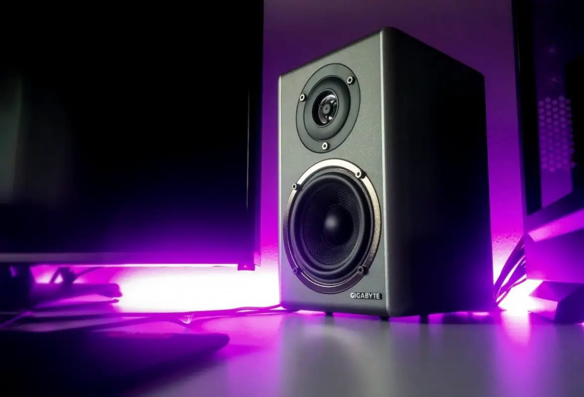 Image of a computer monitor and beside is black speaker for hi fi audio. Source: marinko krsmanovic, pexels