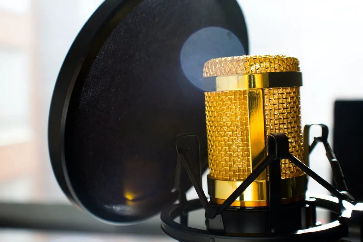 Image of a gold colored microphone on a black stand with a black pop filter on it. Source: Jean Balzan, Pexels