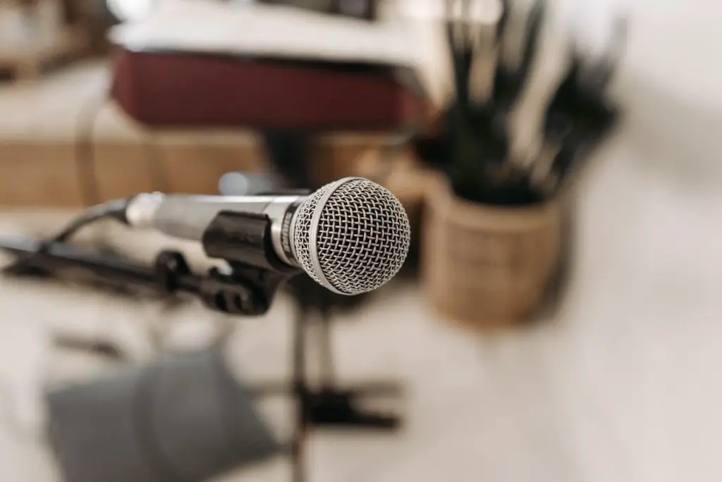 Image of a gray microphone on a black stand. Source: pavel danilyuk, pexels
