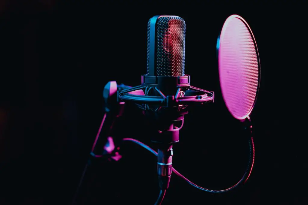 Image of a microphone with a pop filter beside it. Source: los muertos crew, pexels