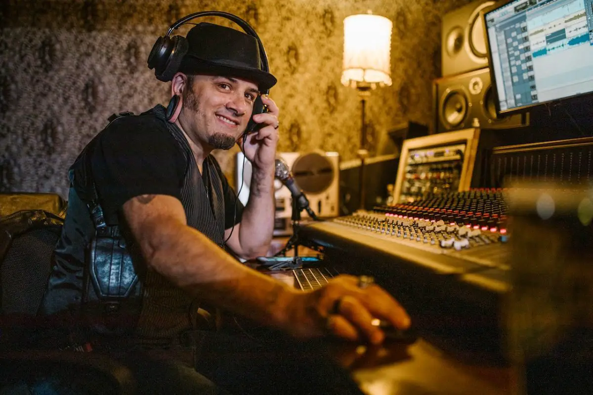 Image of a music producer wearing a headphone while recording a music. Source: Rodnae Productions, Pexels