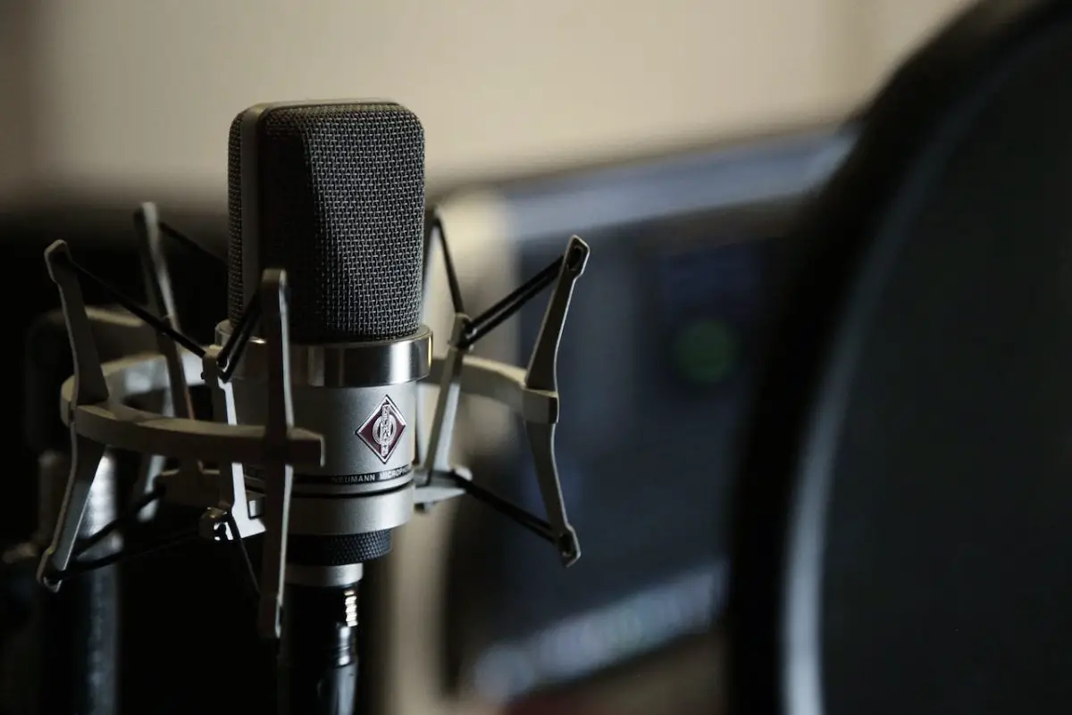 Image of black colored condenser microphone on a stand. Source: amin asbaghipour, pexels