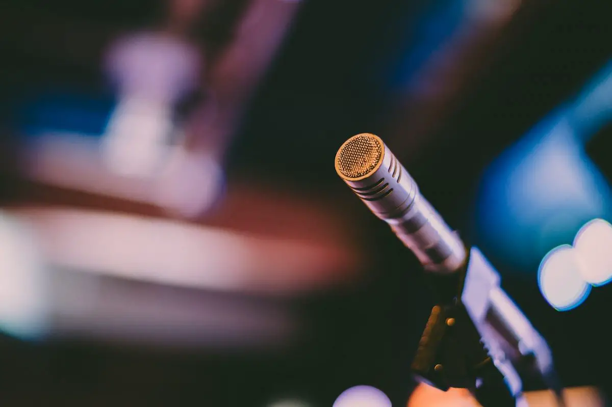 Image of a gray colored pencil microphone on a stand. Source: brett sayles, pexels