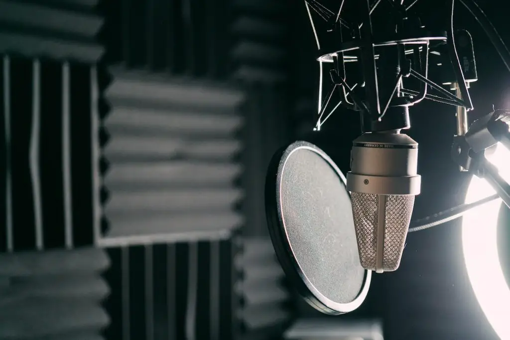 Image of a microphone with a pop filter. Source: Jessica Lewis Creative, Pexels