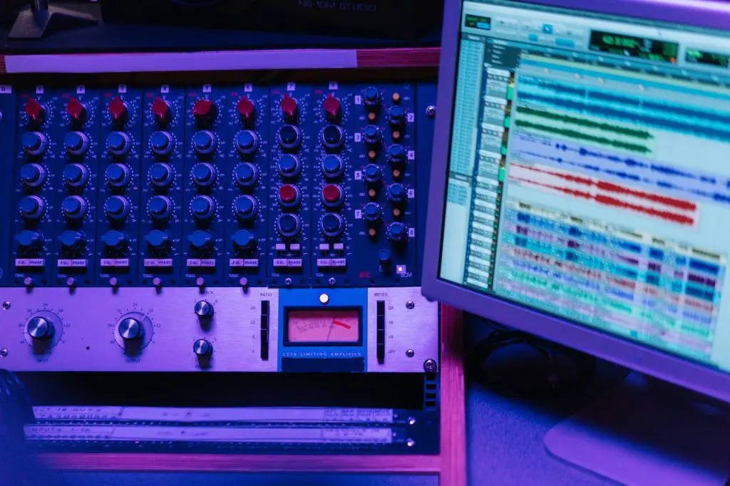 Image of a studio monitor and an audio mixer beside it. Source: cottonbro studio, pexels