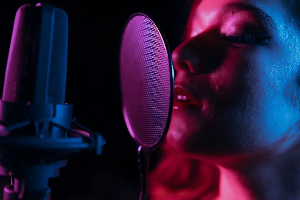 Image of woman using a microphone with a pop filter. Source: los muertos crew, pexels