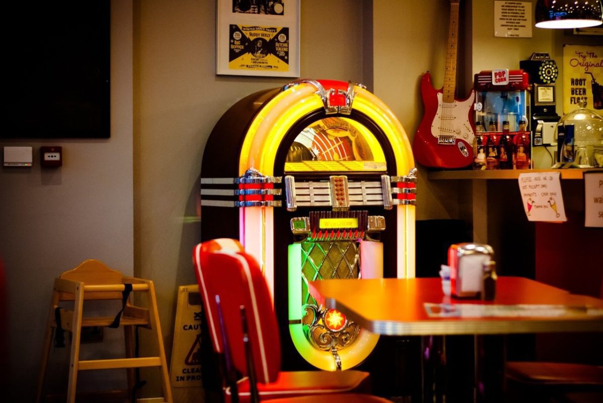 Image of a jukebox sitting at the corner inside a bar. Source: pixabay