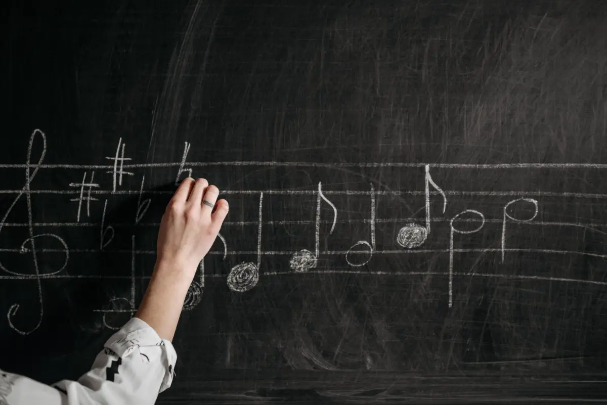 Image of musical notes written on the chalk board. Source: pexels