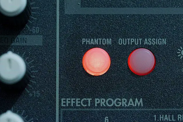 Image of a phantom power button and indicator light on a korg d888 digital recorder