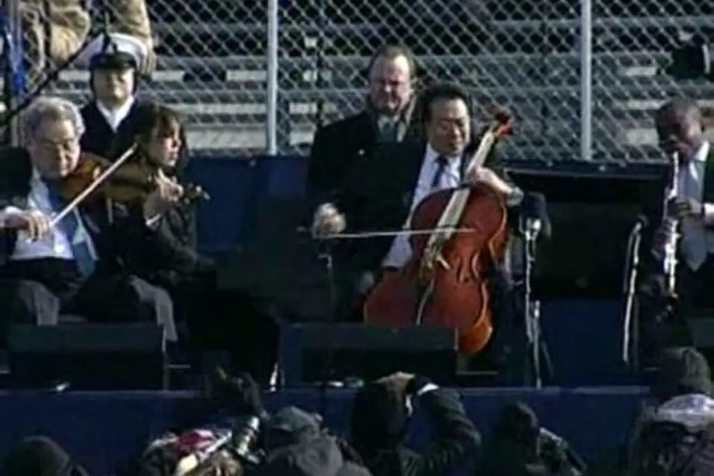 Image of yo yo ma with other musicians performing at an inauguration ceremonies.