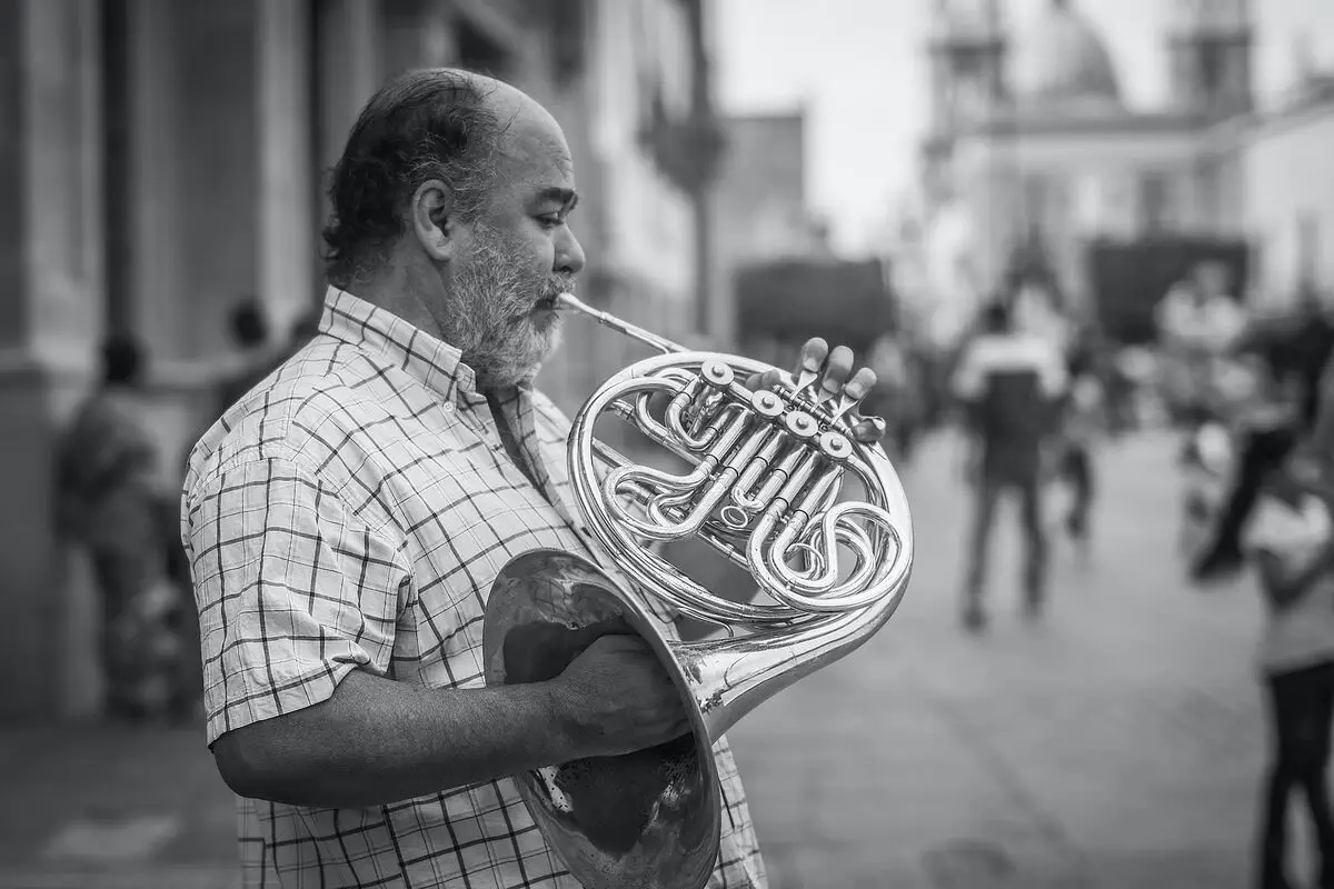 Image of a musician playing the french horn. Source: unsplash