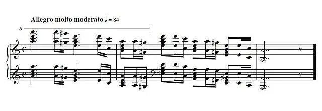 Image of allegro molto moderato in the piano part from griegs piano concerto in a minor. Source: wiki commons