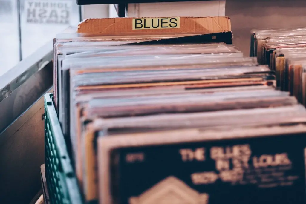 Image of blues vinyl records in a record store. Source: unsplash