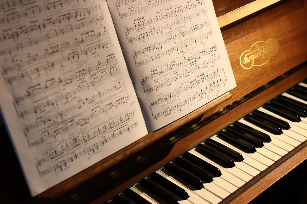 Close-up of a piano with sheet music. Source: unsplash