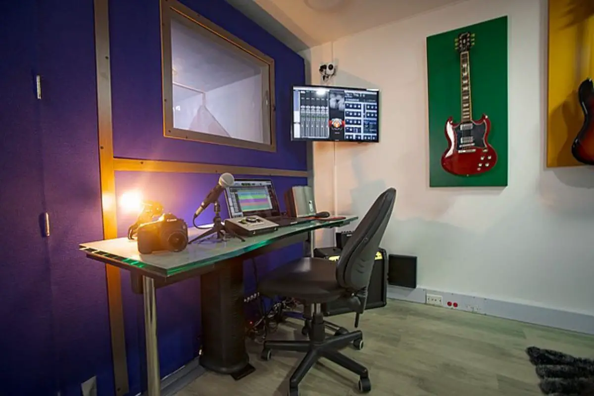 Image of a home studio with purple and white walls.