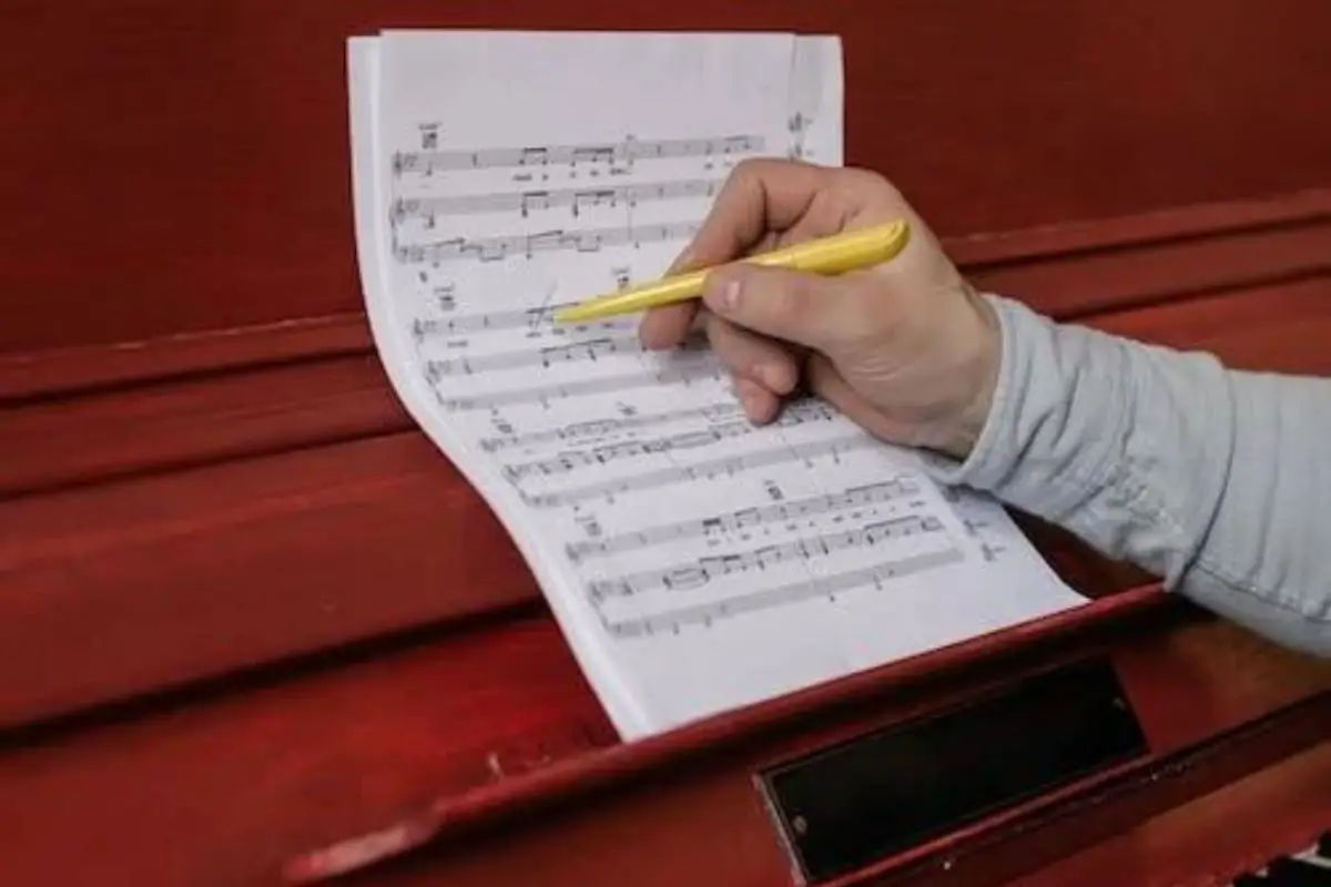Image of a musician checking and reading the sheet music.