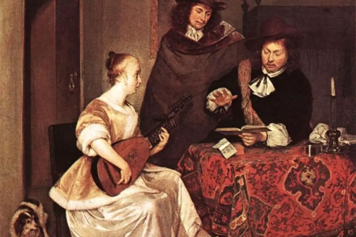 Image of a woman playing theorbo to two men.