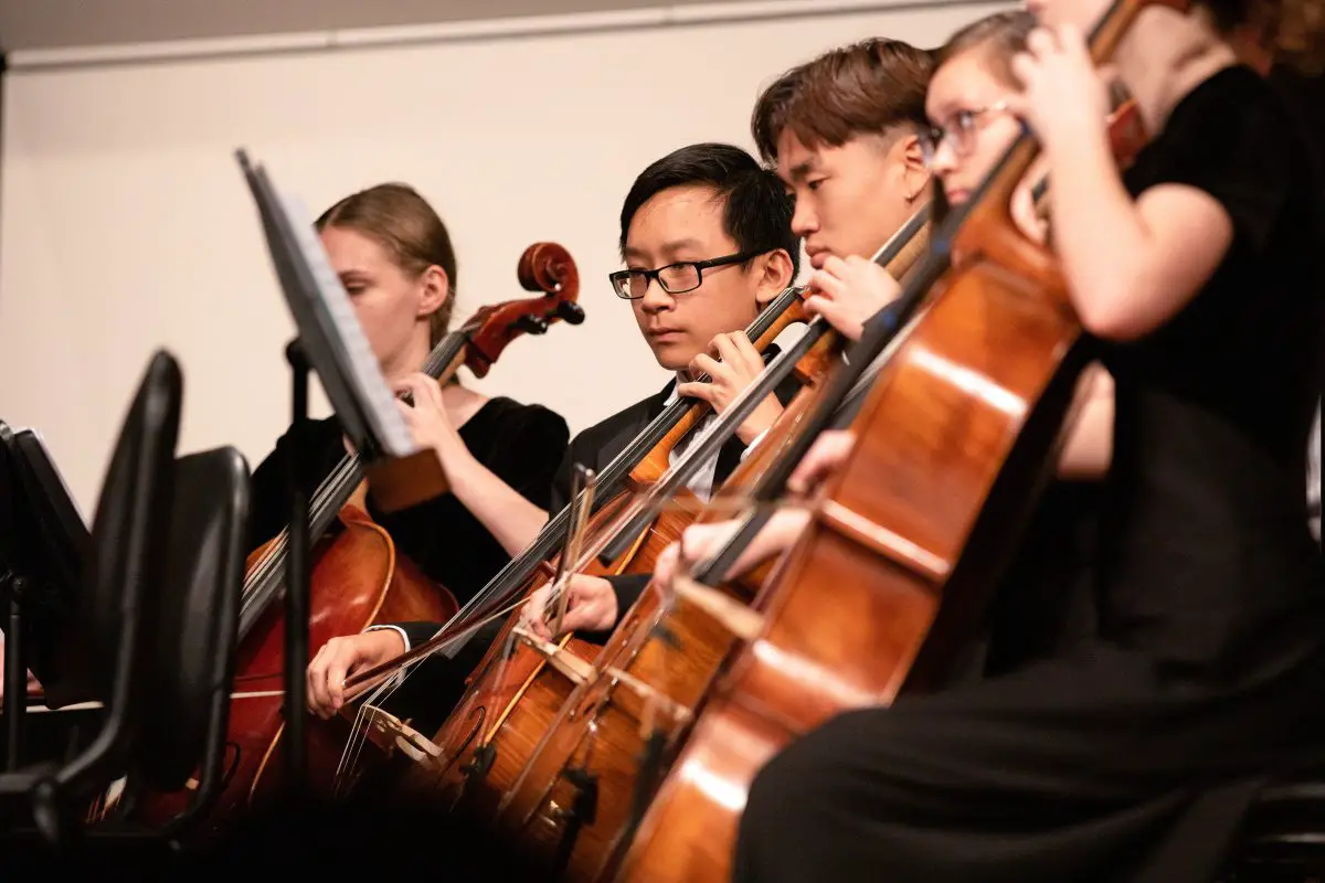A group of cellists playing in an orchestra. Source: pexels