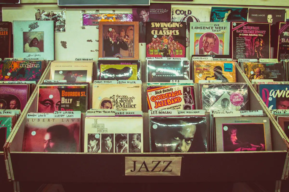 A shop display with jazz vinyl records. Source: unsplash
