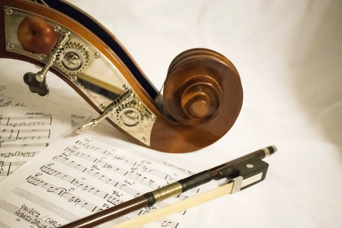 Image of a violin on top of sheet music. Source: pexels