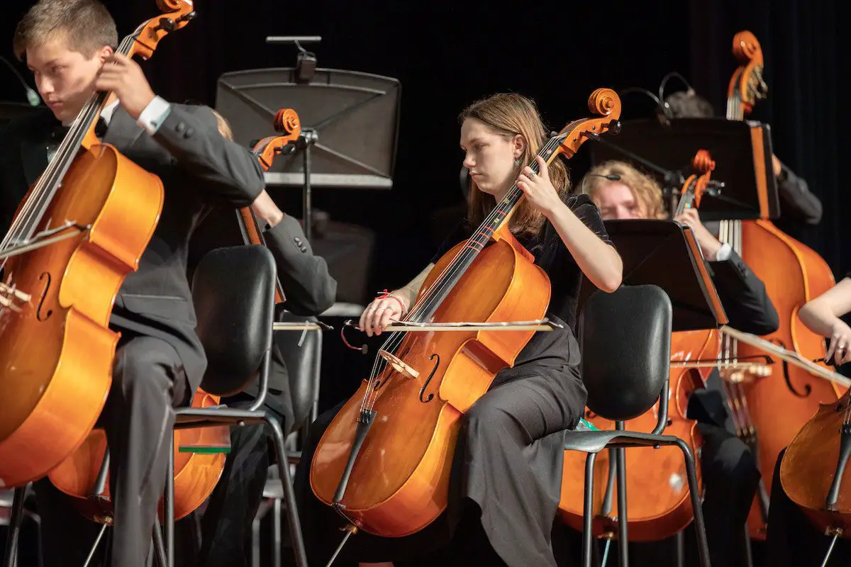 Image of cellists in an orchestra. Source: pexels