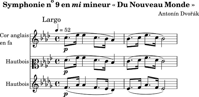 The theme of the largo of the new world symphony for french horn and transposed for oboe. Source: wiki commons