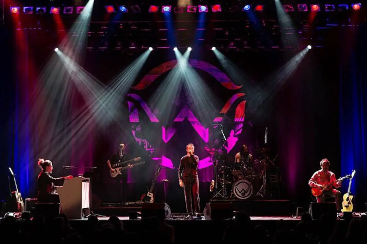 Image of a rock band performing in a concert.