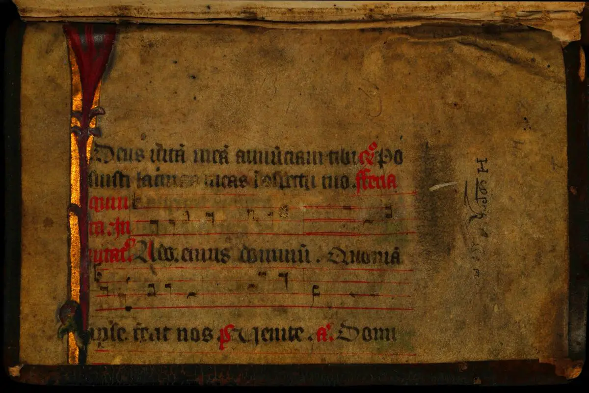 Image of a gregorian piece of music on parchment from the 15th century or earlier. Source: unsplash